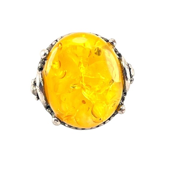 Vintage Style Silver Ring Large Amber-Like Resin Stone Intricate Design Size 6 - Picture 4 of 8